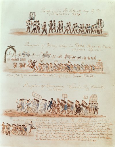 Procession de la Saint-Patrick en 1837 et processions pour Henry Clay, le gouverneur Francis Schunk et James Polk en 1844 - American School
