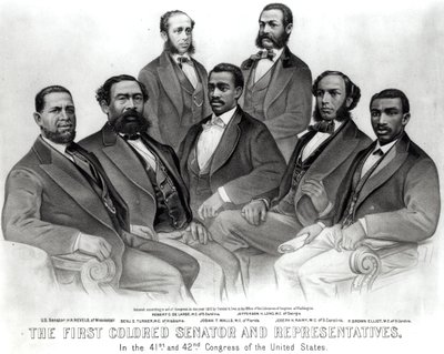 Le premier sénateur et représentants de couleur, au 41e et 42e Congrès des États-Unis, publié par Currier et Ives, 1872 - American School