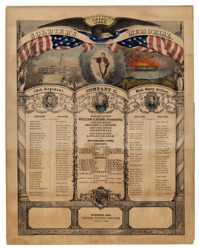 Le mémorial des soldats : 14e régiment, compagnie C, artillerie lourde du Mass., pub. par Currier & Ives, 1862 - American School