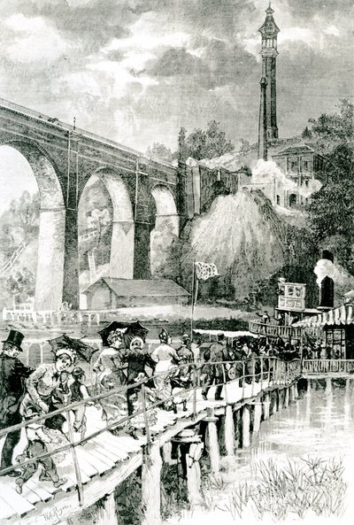 Touristes retournant à leur vapeur sur la rivière Harlem, avec High Bridge à gauche, gravé par W.A Rogers pour Harper
