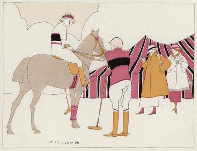 Deux couples au club de polo, une scène de la nouvelle A Vassal To Art de J A Waldron (lithographie couleur) - American School