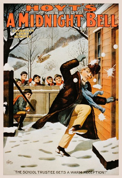 Affiche vintage de garçons lançant des boules de neige à un homme, 1890-99 - American School
