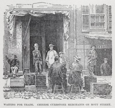 En attente de commerce, marchands chinois sur le trottoir de Mott Street - American School