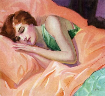 Femme dormant sur des draps couleur pêche - American School