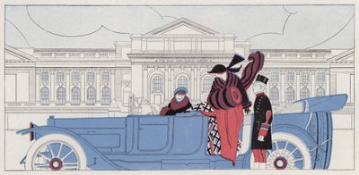 Femme tombant amoureuse de son chauffeur, scène tirée de la nouvelle Taking Chances de J. A. Waldron (lithographie couleur) - American School