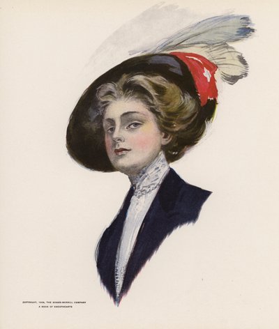 Jeune femme portant un chapeau avec des plumes - American School