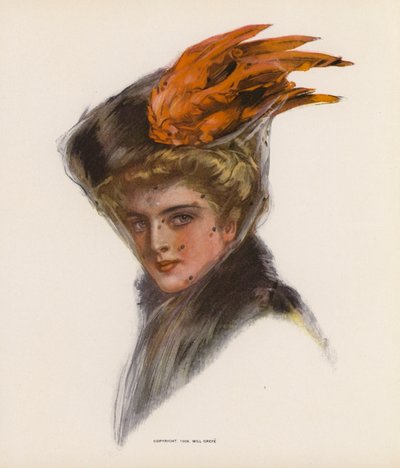 Jeune femme portant un chapeau avec des plumes orange - American School