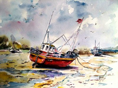 Bateaux de pêche échoués à marée basse - Anda Bieza