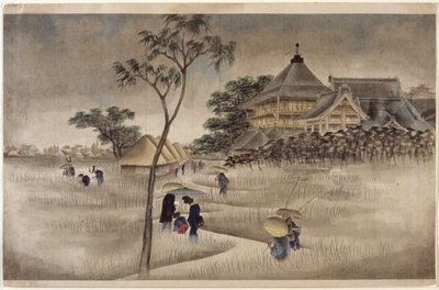 (Grand bâtiment avec huttes en dessous) - Ando or Utagawa Hiroshige