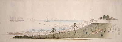 Le temps des cerisiers en fleurs, des gens pique-niquant à Gotenyama - Ando or Utagawa Hiroshige