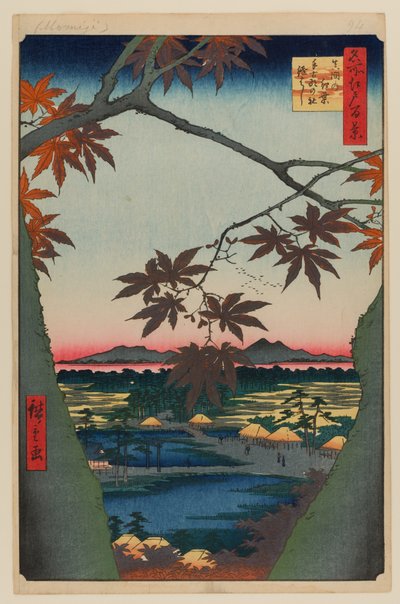 Érables à Mama, sanctuaire de Tekona et pont lié - Ando or Utagawa Hiroshige