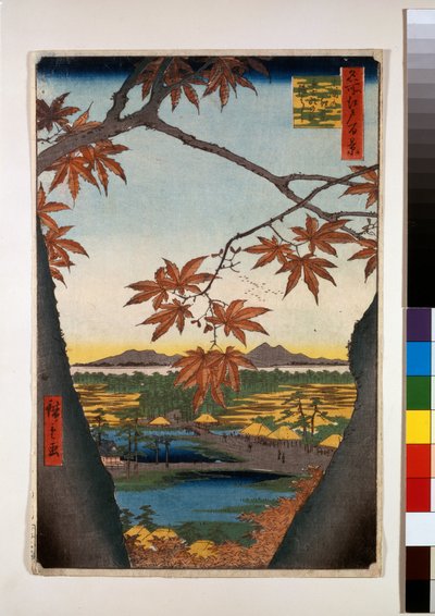 Érables à Mama, sanctuaire Tekona et pont Linked - Ando or Utagawa Hiroshige