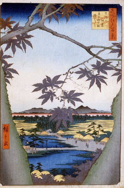 Érables à Mama avec le temple de Tekona et le pont de Tsugi. 1857. Estampes de Katsushika (Utagawa) Hiroshige (1797-1858). - Ando or Utagawa Hiroshige