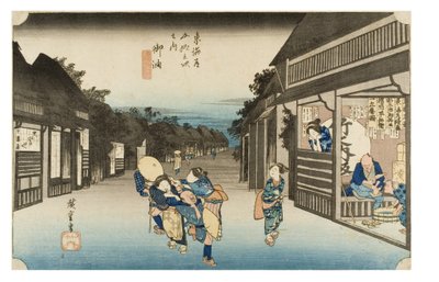 N° 36 Goyu - Serveuses sollicitant des voyageurs, Période Edo, vers 1833-34 (gravure sur papier) - Ando or Utagawa Hiroshige