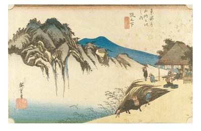 Saka no shita : Vue du mont Fudesute de la série Les cinquante-trois étapes du Tokaïdo, vers 1831-1834 (gravure sur papier) - Ando or Utagawa Hiroshige