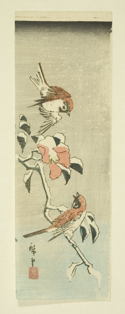 Moineaux et camélia dans la neige - Ando or Utagawa Hiroshige