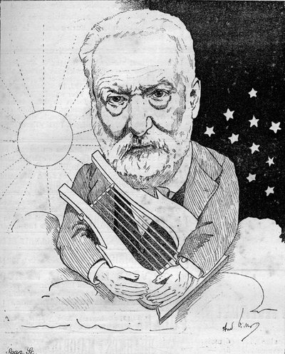 Caricature de Victor Hugo (1802-1885), écrivain français, représenté avec une lyre sur un nuage dans le ciel entre le jour et la nuit. Dessin d