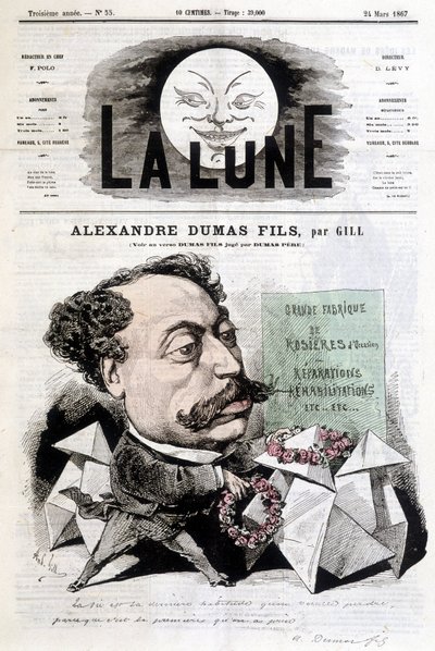 Dessin comique sur Alexandre Dumas Fils par Gill. Couverture de « La Lune » du 24/03/1867 - Andre Gill