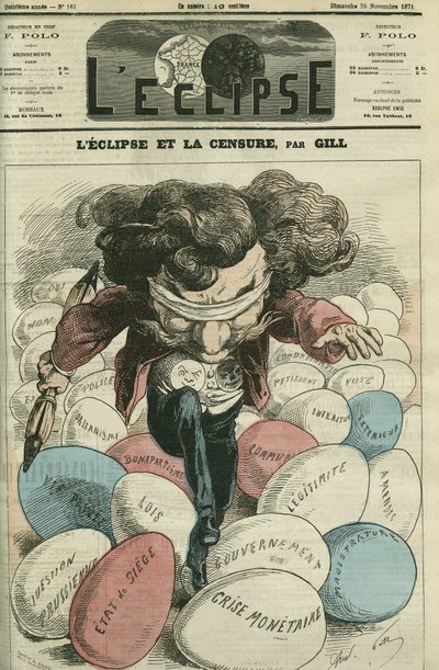 Éclipse et censure, une illustration de Gill marchant sur des œufs. Couverture dans « L
