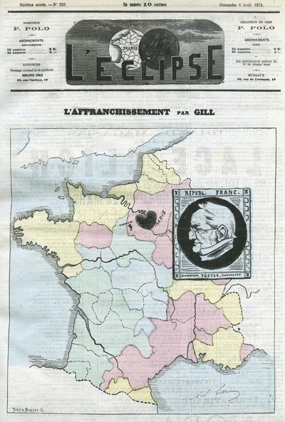 Affranchissement, carte de France en quatre zones et son timbre avec le profil du président de la République Adolphe Thiers (1797-1877). Couverture dans « L