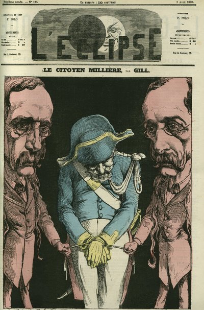 Le citoyen Millière en référence à Alexandre Dumas, Gill le représente avec ses mains. Couverture dans « L