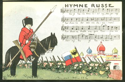 Carte postale satirique en couleurs : Hymne russe - Guerre de 14-18, Russie, Chant - Soldats Illustration par André Hellé (1875-1945) - Andre Helle