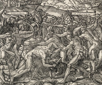 Bataille entre les tribus Margageaz et Tabajares, gravure de Cosmologie Universelle, par André Thevet - Andre Thevet