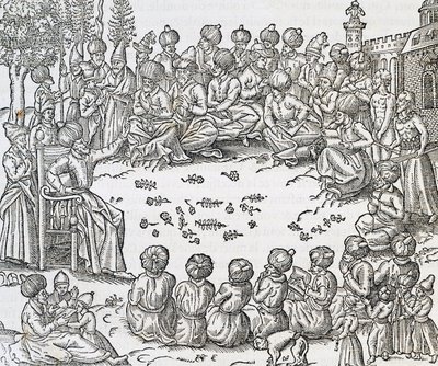 Rencontre entre Turcs et Arabes, Maroc, gravure de la Cosmologie Universelle, par André Thevet, Paris - Andre Thevet