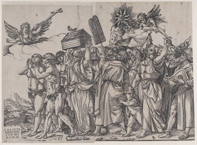Section A : un ange tenant une croix en haut à gauche, Adam et Ève en bas, du Triomphe de..., 1836 - Andrea Andreani