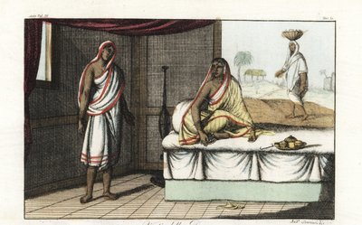 Différents types de sari et vêtements portés par les femmes indiennes. Femme de distinction en sari et voile assise sur un canapé, et femme de rang inférieur en sari court. Gravure sur cuivre dessinée et gravée par Andrea Bernieri d