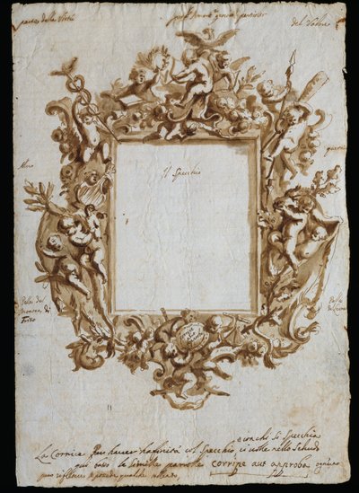 Dessin orthogonal pour cadre allégorique, vers 1700, par Andrea Brustolon (1662-1732), aquarelle et plume sur papier blanc, Italie - Andrea Brustolon
