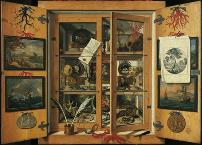 Cabinet de curiosités (avec portes vitrées) avec divers objets, par Andrea Dominico Remps - Andrea Domenico Remps