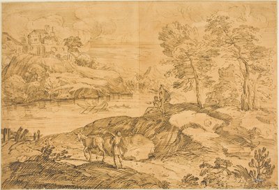 Paysage fluvial avec homme et âne, baigneurs - Andrea Locatelli