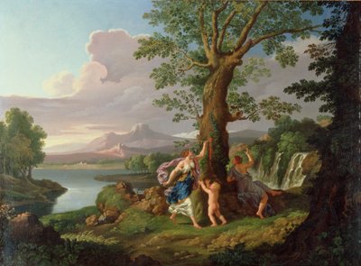 Paysage fluvial avec une nymphe cueillant une branche d