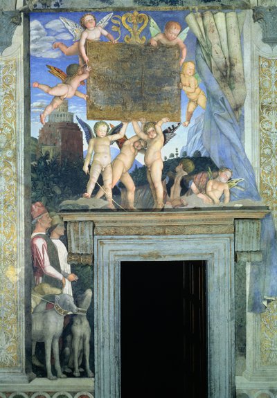 Putti avec des ailes de papillon soutenant la plaque dédicatoire avec des chiens de chasse et leurs maîtres en dessous, de la Camera degli Sposi ou Camera Picta, 1465-74 (détail) - Andrea Mantegna