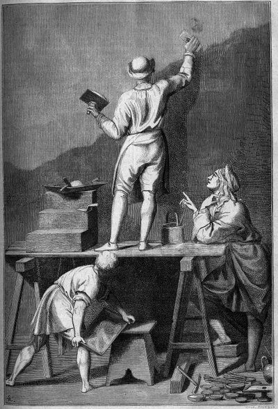 Préparation du plâtre pour une peinture à fresque. Dessin de Chevignard d