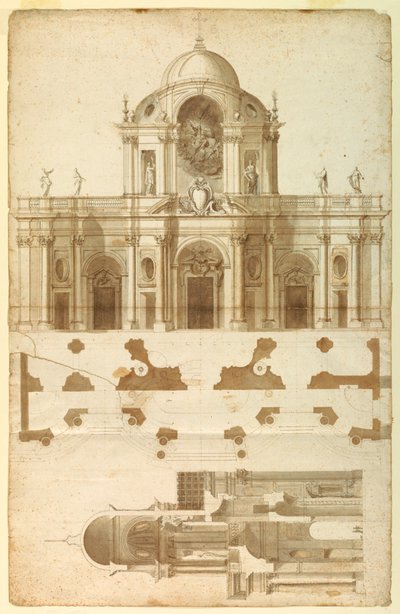 Élévation proposée, section et plan pour la façade de San Giovanni, Laterano, Rome, Italie - Andrea Pozzo