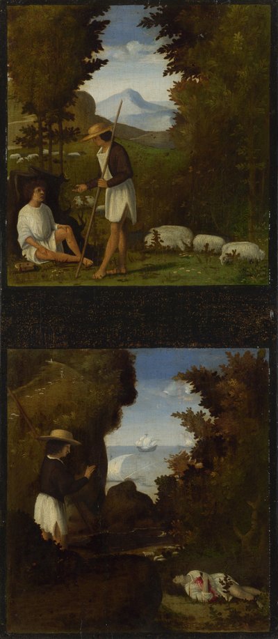 Scènes des Églogues de Tebaldeo. Thyrsis trouve le corps de Damon, vers 1510 - Andrea Previtali