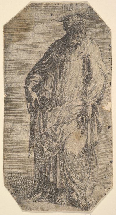 Saint Philippe debout avec un livre sous son bras droit, de 