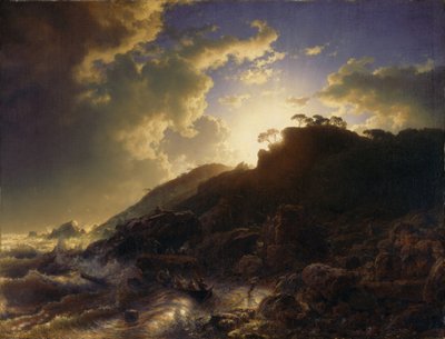 French: Coucher de soleil après une tempête sur la côte de la Sicile Sunset after a Storm on the Coast of Sicily - Andreas Achenbach