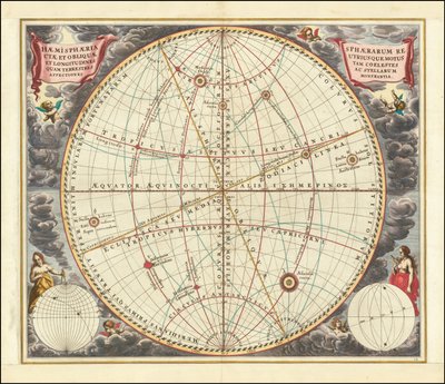 Carte céleste de 1660 illustrant les mouvements de la sphère droite (système de coordonnées équatoriales) et de la sphère oblique (système de coordonnées écliptiques). - Andreas Cellarius