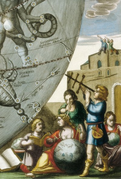 Scientifiques (astrologues et astronomes) étudiant des globes et la carte du ciel, détail de l