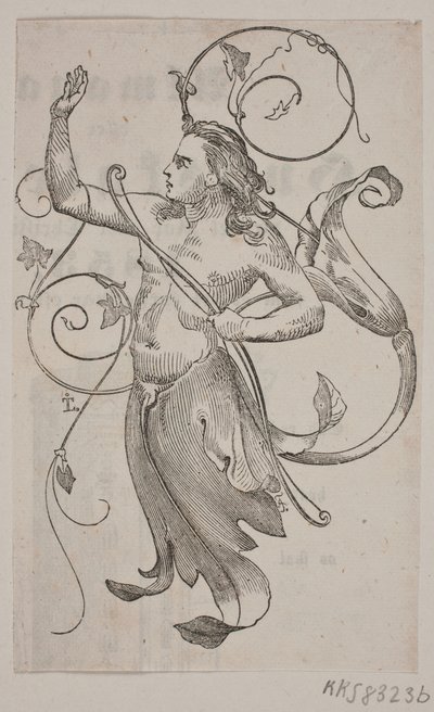 Génie avec un arc dans la main gauche et la main droite levée vers un oiseau couronné - Andreas Flinch