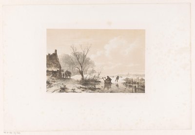 Patineurs et homme avec traîneau sur une rivière gelée - Andreas Schelfhout