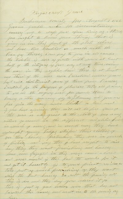 Lettre signée Andrew Brownlow, Comté de Buchanan, Mo., au Gouverneur Gamble [Hamilton R. Gamble], 1 août 1862 - Andrew Brownlow