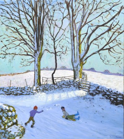 Grands arbres et traîneaux, Derbyshire, 2023 (huile sur toile) - Andrew Macara
