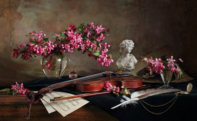 Nature morte au violon et aux fleurs - Andrey Morozov
