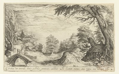 Paysage avec un cerf sur un pont - Andries Jacobsz. Stock