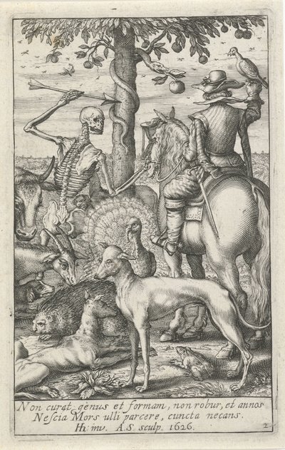 Squelette avec flèche et fauconnier, au milieu des animaux - Andries Jacobsz. Stock