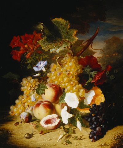 Pêches, Raisins, un Melon, Liserons et Autres Fleurs dans un Paysage - Ange Louis Guillaume Lesourd Beauregard